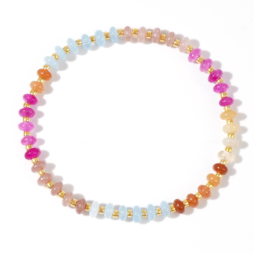 Stretch Bracelet Gemstone Rondelle Bohemian Beaded Stackable Deep Pink Cyan T91