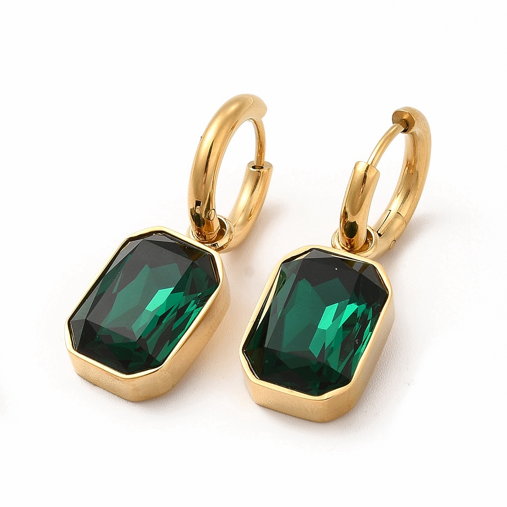 Dangle Hoop Earrings Stainless Steel Glass Green Black Clear Brown 1.22 in E60