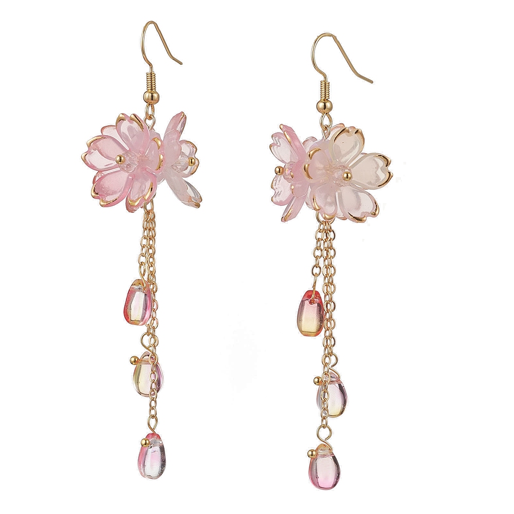Dangle Drop Earrings Stainless Steel 18K Gold Plated Flower 3.11 in Beaded E106