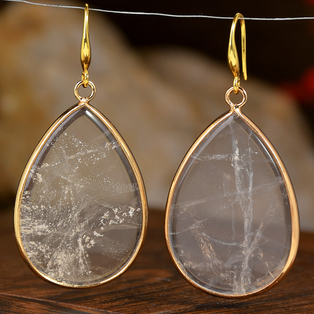 Dangle Drop Earrings Stainless Steel Gold Teardrop 1.57 in Aventurine Hook E127