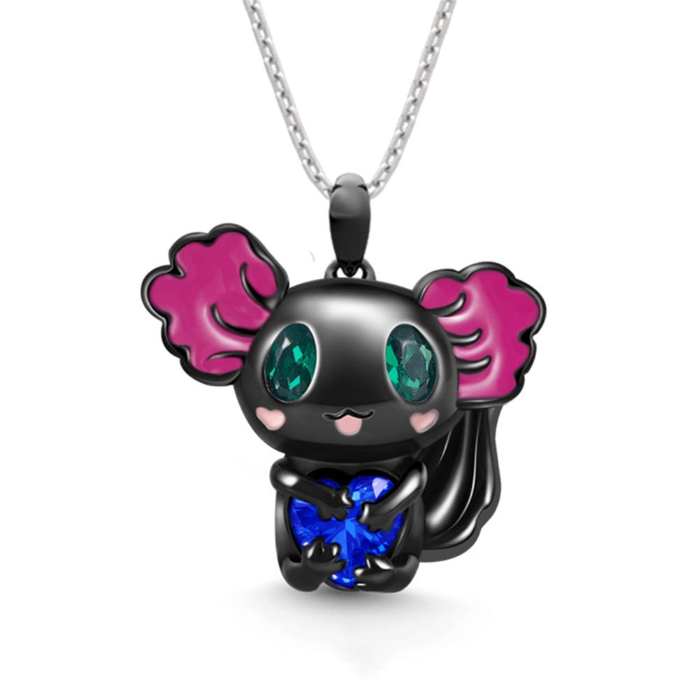 Pendant Necklace Rhinestone Axolotl Enamel Aquamarine Deep Pink Capri Blue N103