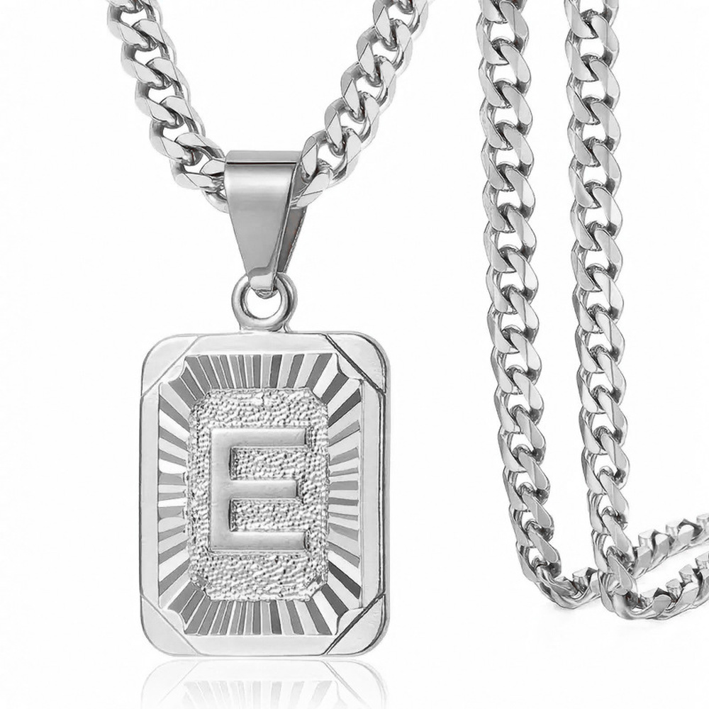 Pendant Necklace Stainless Steel Gold Letter Rectangle Band Silver 21.65 in N104