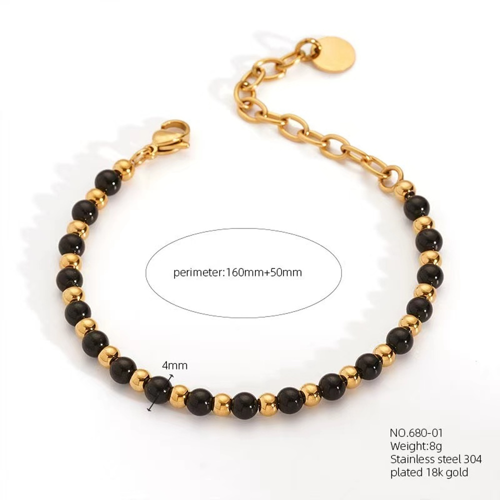 Beaded Bracelet Stainless Steel 18K Gold Plated Round Bohemian Black Agate T127