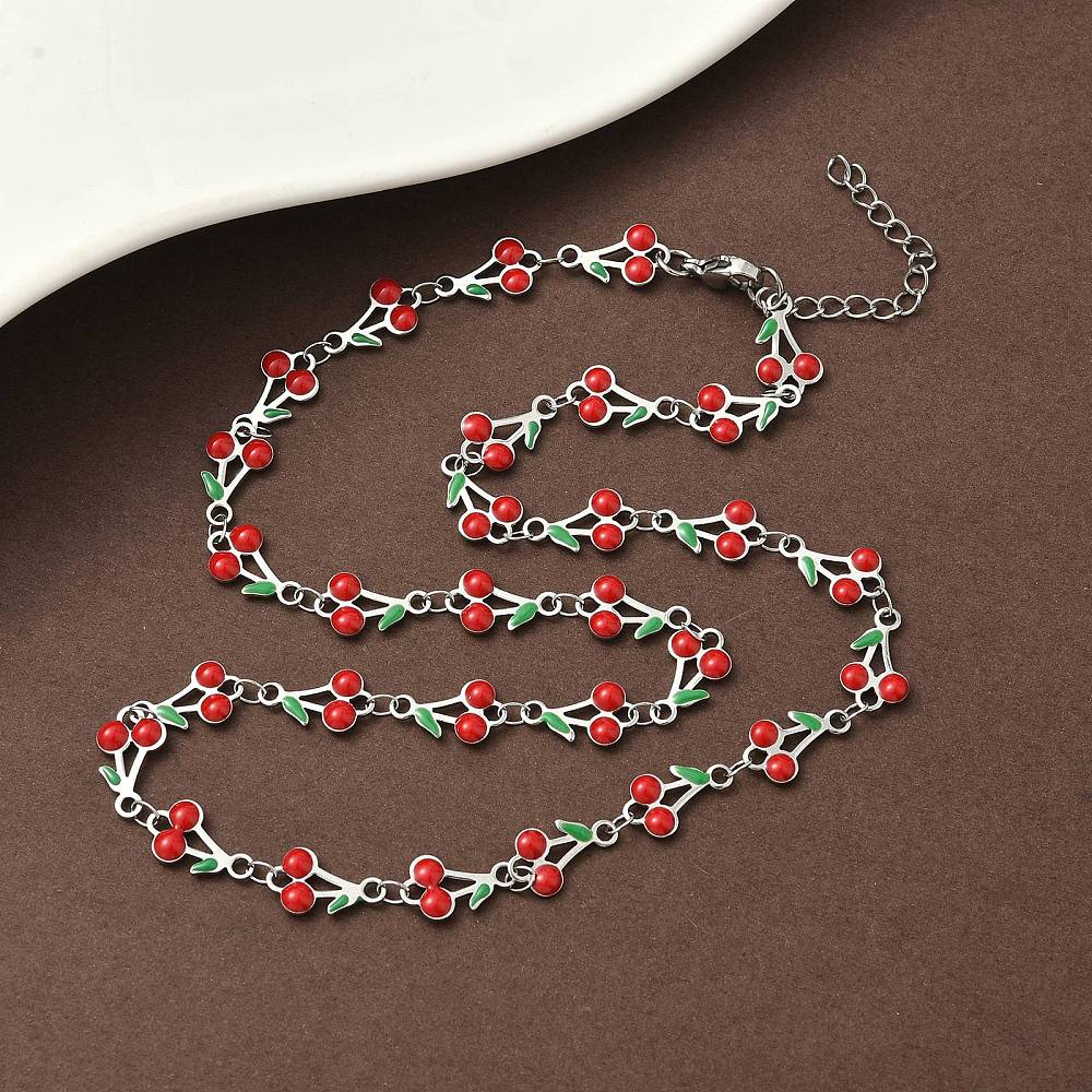 Chain Necklace Stainless Steel Gold Cherry Enamel Link Chain Red Silver N129