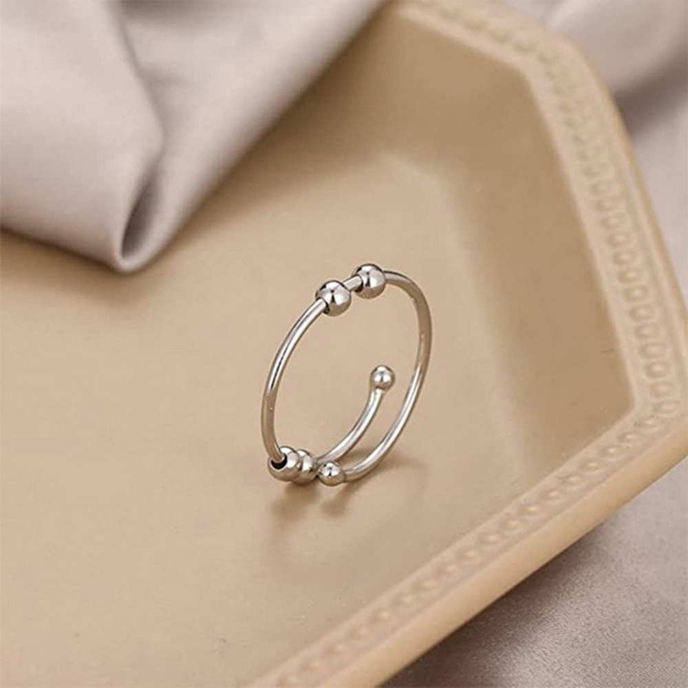 Cuff Ring Stainless Steel Rose Gold Round Beaded Spinner Adjustable Silver R260