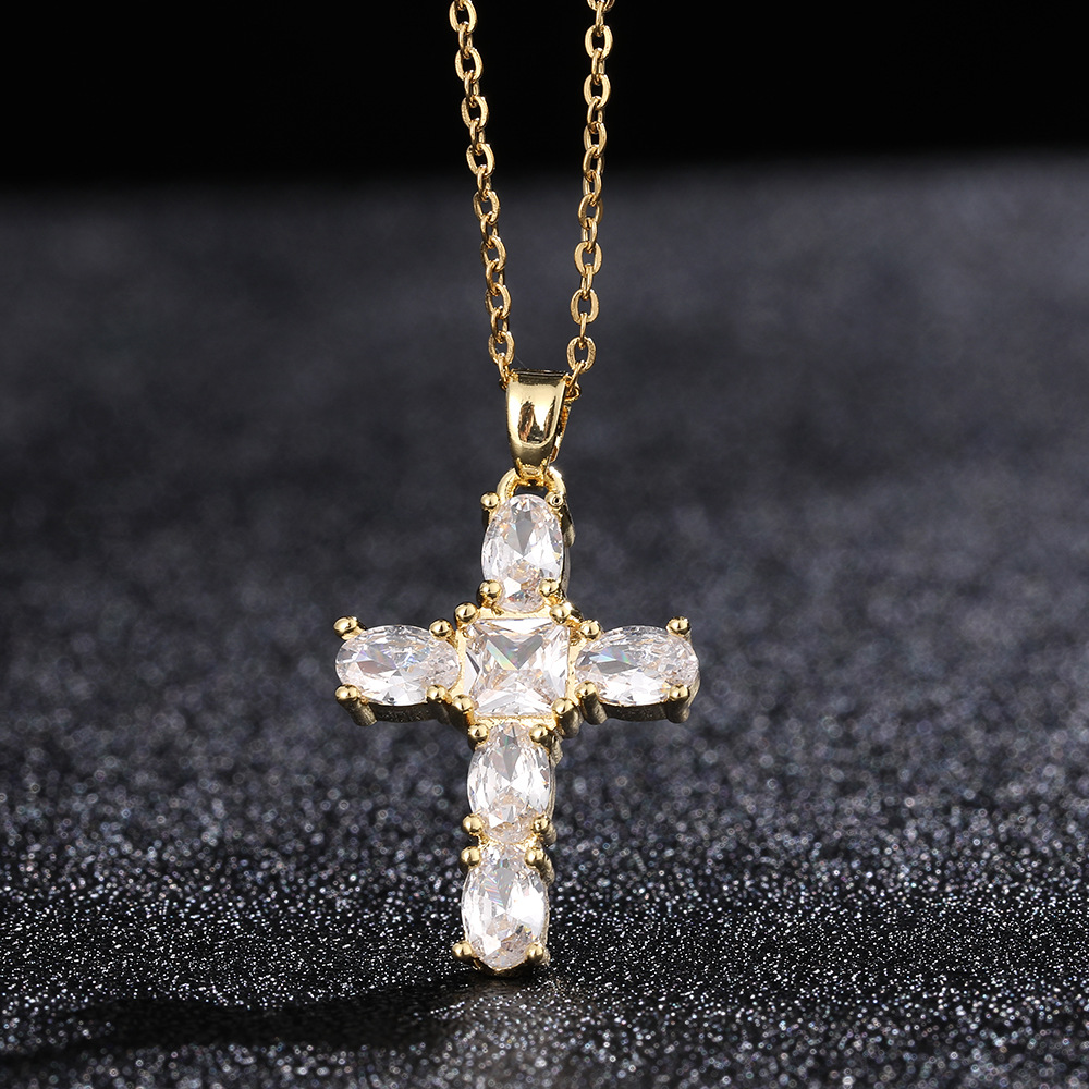Pendant Necklace Rhinestone Gold Cross Crystal Jet 15.75 in Clear Black N156