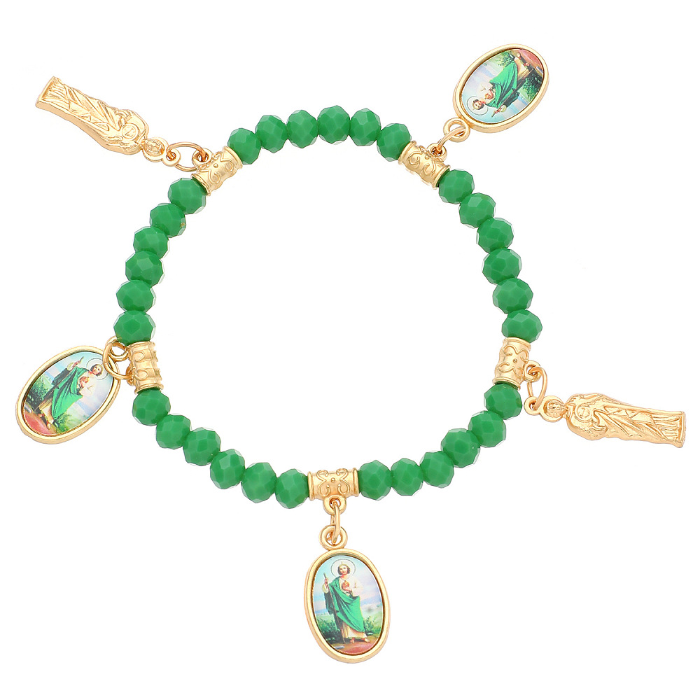 Stretch Bracelet Human Virgin Mary Faceted Beaded Green Black Religious T160
